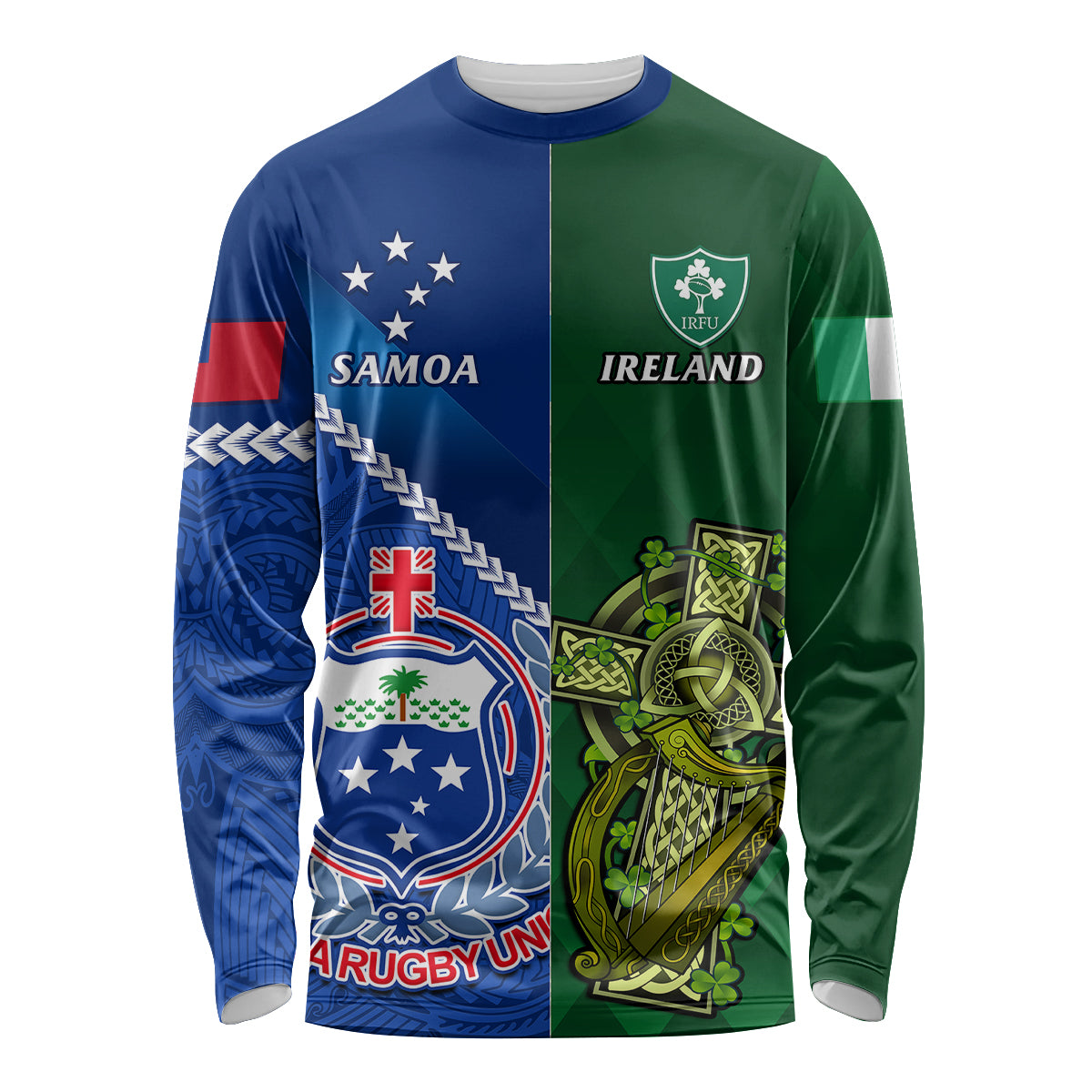Custom Samoa And Ireland Rugby Long Sleeve Shirt 2023 World Cup Manu Samoa With Shamrocks LT14 Unisex Blue - Polynesian Pride