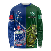 Custom Samoa And Ireland Rugby Long Sleeve Shirt 2023 World Cup Manu Samoa With Shamrocks LT14 Unisex Blue - Polynesian Pride