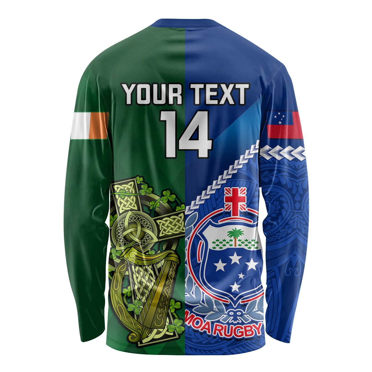 Custom Samoa And Ireland Rugby Long Sleeve Shirt 2023 World Cup Manu Samoa With Shamrocks LT14 - Polynesian Pride