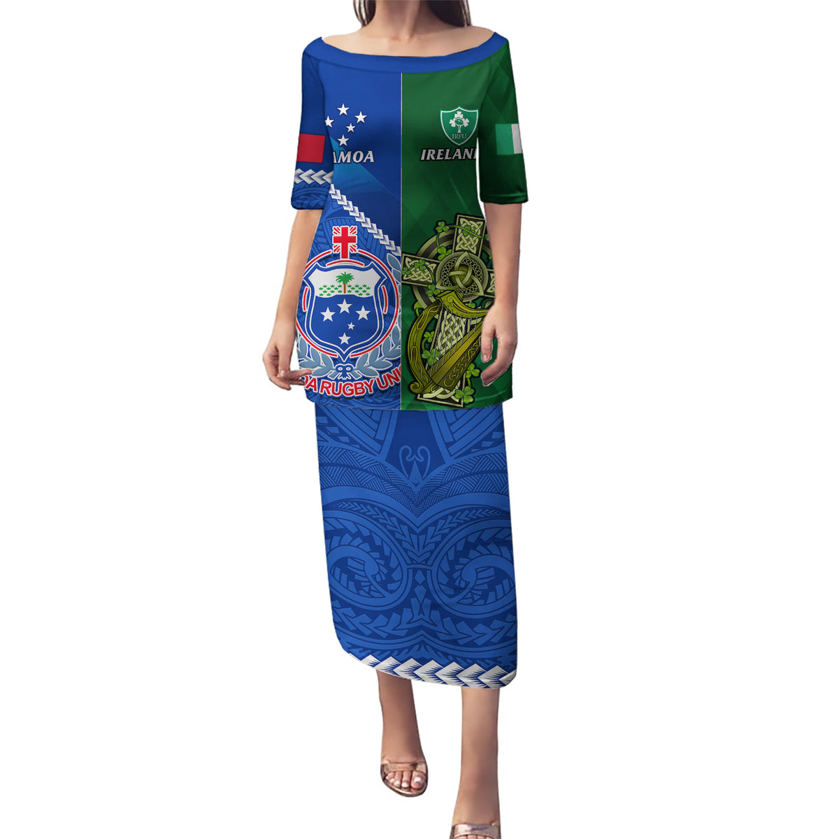 Custom Samoa And Ireland Rugby Puletasi 2023 World Cup Manu Samoa With Shamrocks LT14 Long Dress Blue - Polynesian Pride