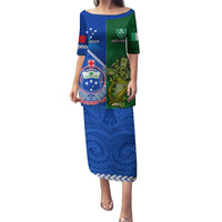 Custom Samoa And Ireland Rugby Puletasi 2023 World Cup Manu Samoa With Shamrocks LT14 Long Dress Blue - Polynesian Pride