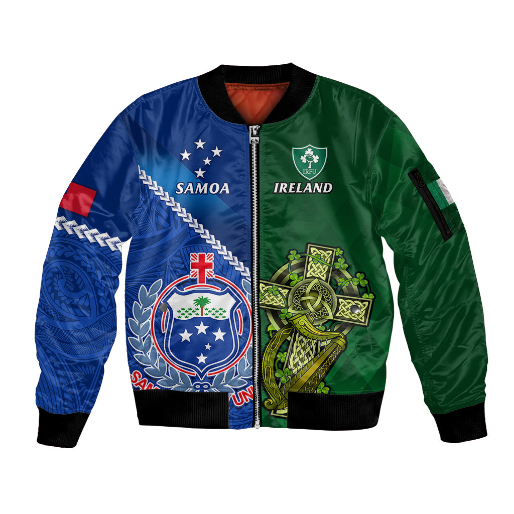 Custom Samoa And Ireland Rugby Sleeve Zip Bomber Jacket 2023 World Cup Manu Samoa With Shamrocks LT14 Unisex Blue - Polynesian Pride