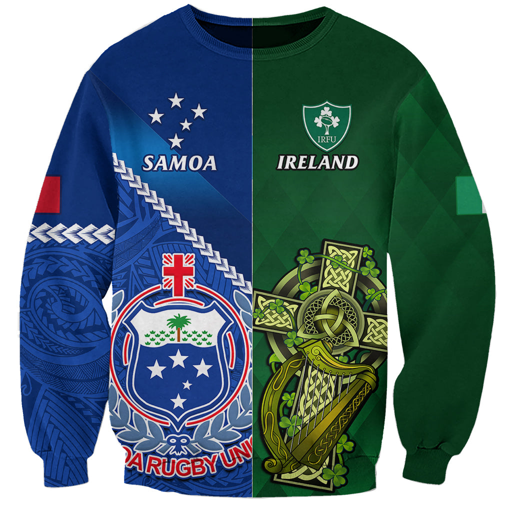 Custom Samoa And Ireland Rugby Sweatshirt 2023 World Cup Manu Samoa With Shamrocks LT14 Unisex Blue - Polynesian Pride