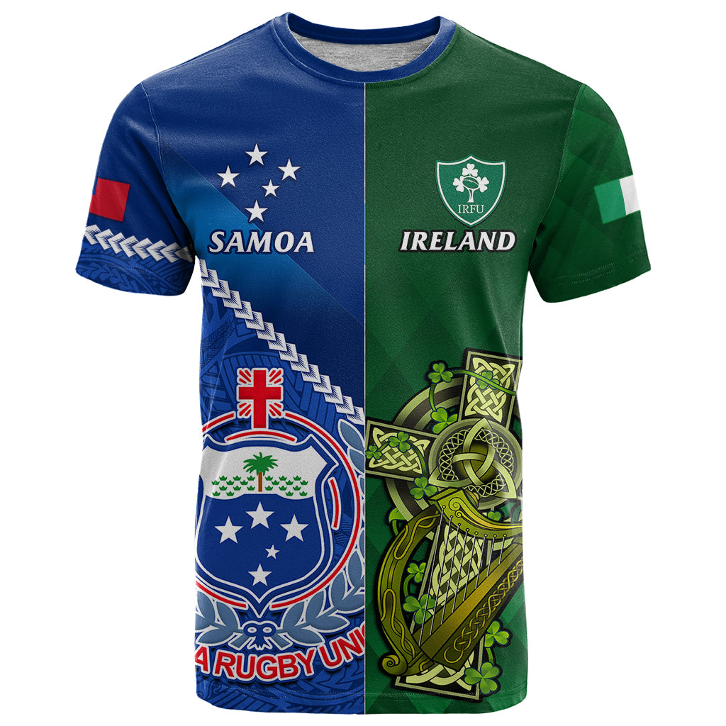 Custom Samoa And Ireland Rugby T Shirt 2023 World Cup Manu Samoa With Shamrocks LT14 Blue - Polynesian Pride