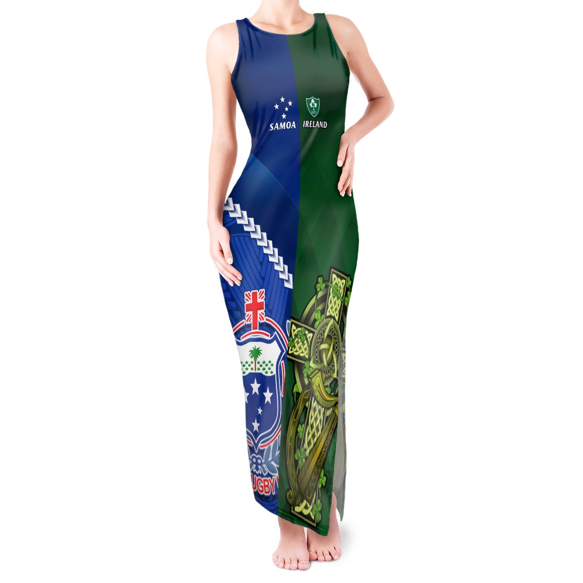 Custom Samoa And Ireland Rugby Tank Maxi Dress 2023 World Cup Manu Samoa With Shamrocks LT14 Women Blue - Polynesian Pride