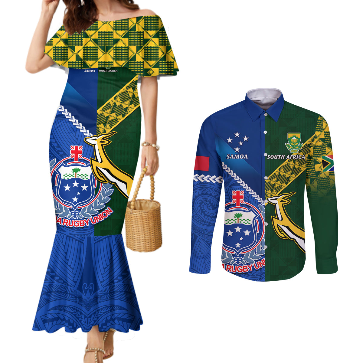 samoa-and-south-africa-rugby-couples-matching-mermaid-dress-and-long-sleeve-button-shirts-2023-world-cup-manu-samoa-with-springboks