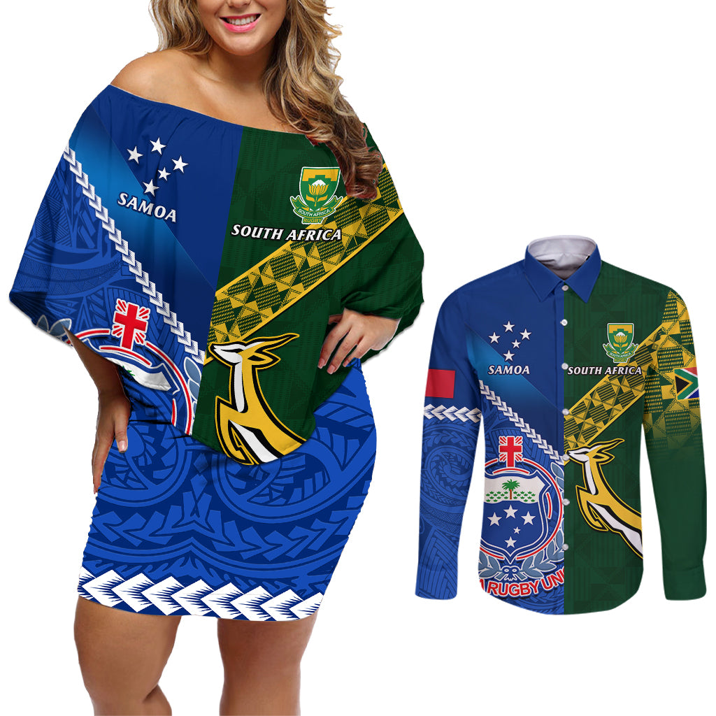 samoa-and-south-africa-rugby-couples-matching-off-shoulder-short-dress-and-long-sleeve-button-shirts-2023-world-cup-manu-samoa-with-springboks