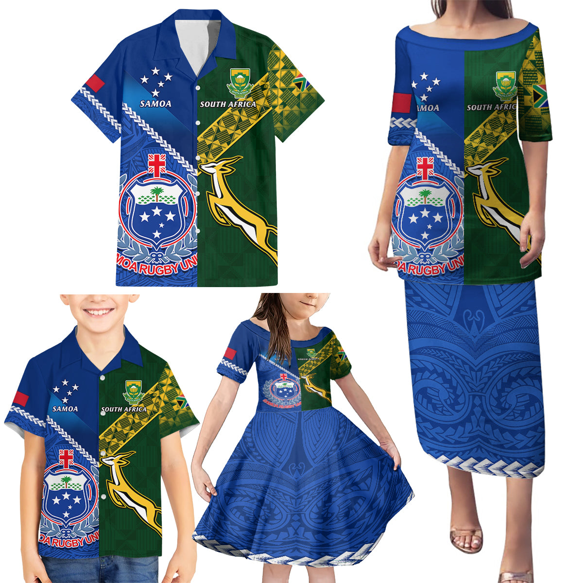 Samoa And South Africa Rugby Family Matching Puletasi Dress and Hawaiian Shirt 2023 World Cup Manu Samoa With Springboks LT14 - Polynesian Pride