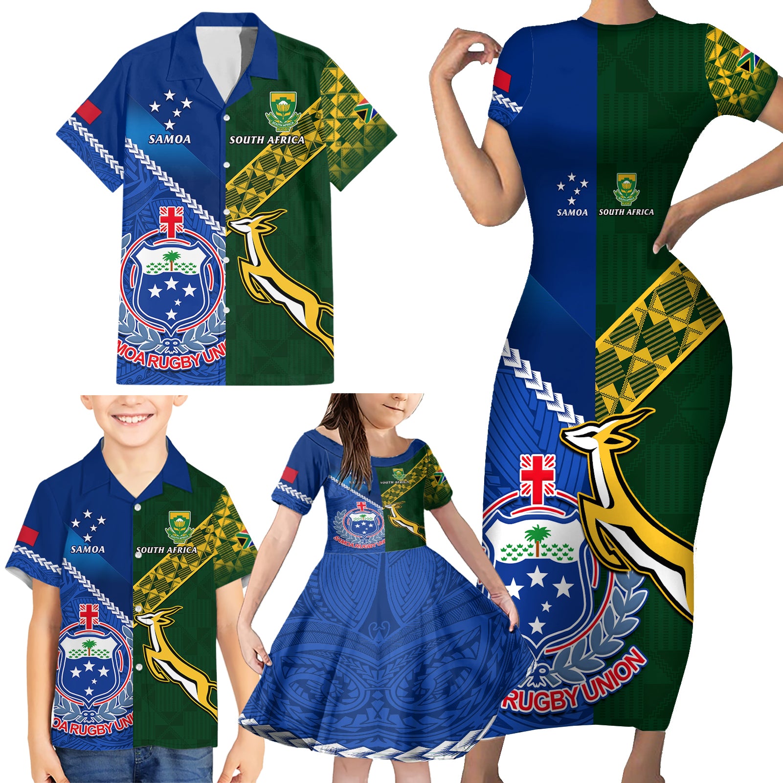 samoa-and-south-africa-rugby-family-matching-short-sleeve-bodycon-dress-and-hawaiian-shirt-2023-world-cup-manu-samoa-with-springboks