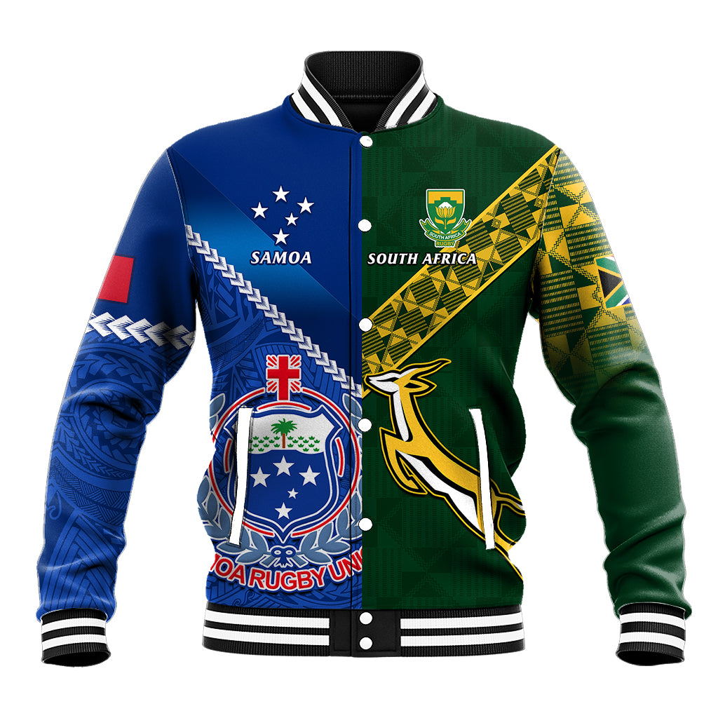 Custom Samoa And South Africa Rugby Baseball Jacket 2023 World Cup Manu Samoa With Springboks LT14 Unisex Blue - Polynesian Pride