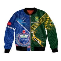 Custom Samoa And South Africa Rugby Bomber Jacket 2023 World Cup Manu Samoa With Springboks LT14 Unisex Blue - Polynesian Pride