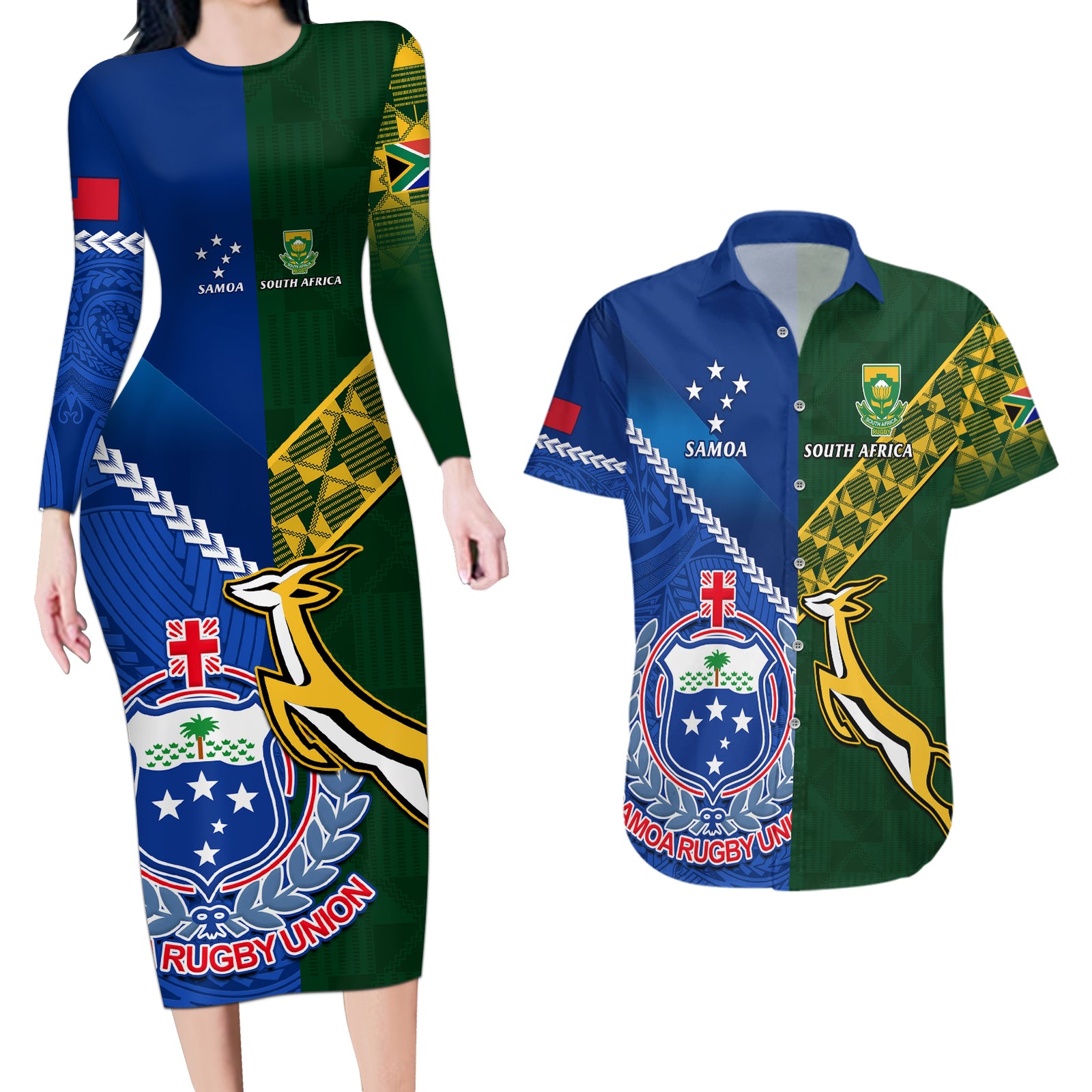 Custom Samoa And South Africa Rugby Couples Matching Long Sleeve Bodycon Dress and Hawaiian Shirt 2023 World Cup Manu Samoa With Springboks LT14 Blue - Polynesian Pride