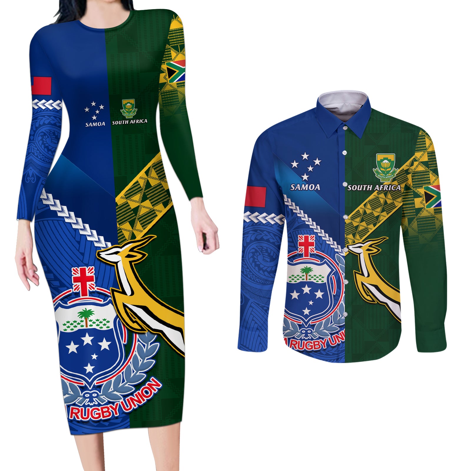 Custom Samoa And South Africa Rugby Couples Matching Long Sleeve Bodycon Dress and Long Sleeve Button Shirts 2023 World Cup Manu Samoa With Springboks LT14 Blue - Polynesian Pride