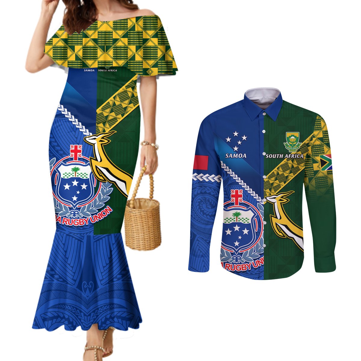 Custom Samoa And South Africa Rugby Couples Matching Mermaid Dress and Long Sleeve Button Shirts 2023 World Cup Manu Samoa With Springboks LT14 Blue - Polynesian Pride