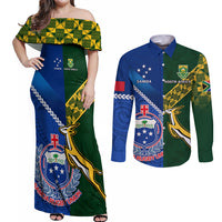 Custom Samoa And South Africa Rugby Couples Matching Off Shoulder Maxi Dress and Long Sleeve Button Shirts 2023 World Cup Manu Samoa With Springboks LT14 Blue - Polynesian Pride