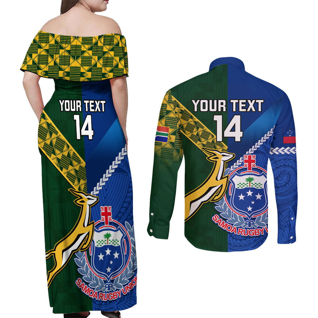 Custom Samoa And South Africa Rugby Couples Matching Off Shoulder Maxi Dress and Long Sleeve Button Shirts 2023 World Cup Manu Samoa With Springboks LT14 - Polynesian Pride