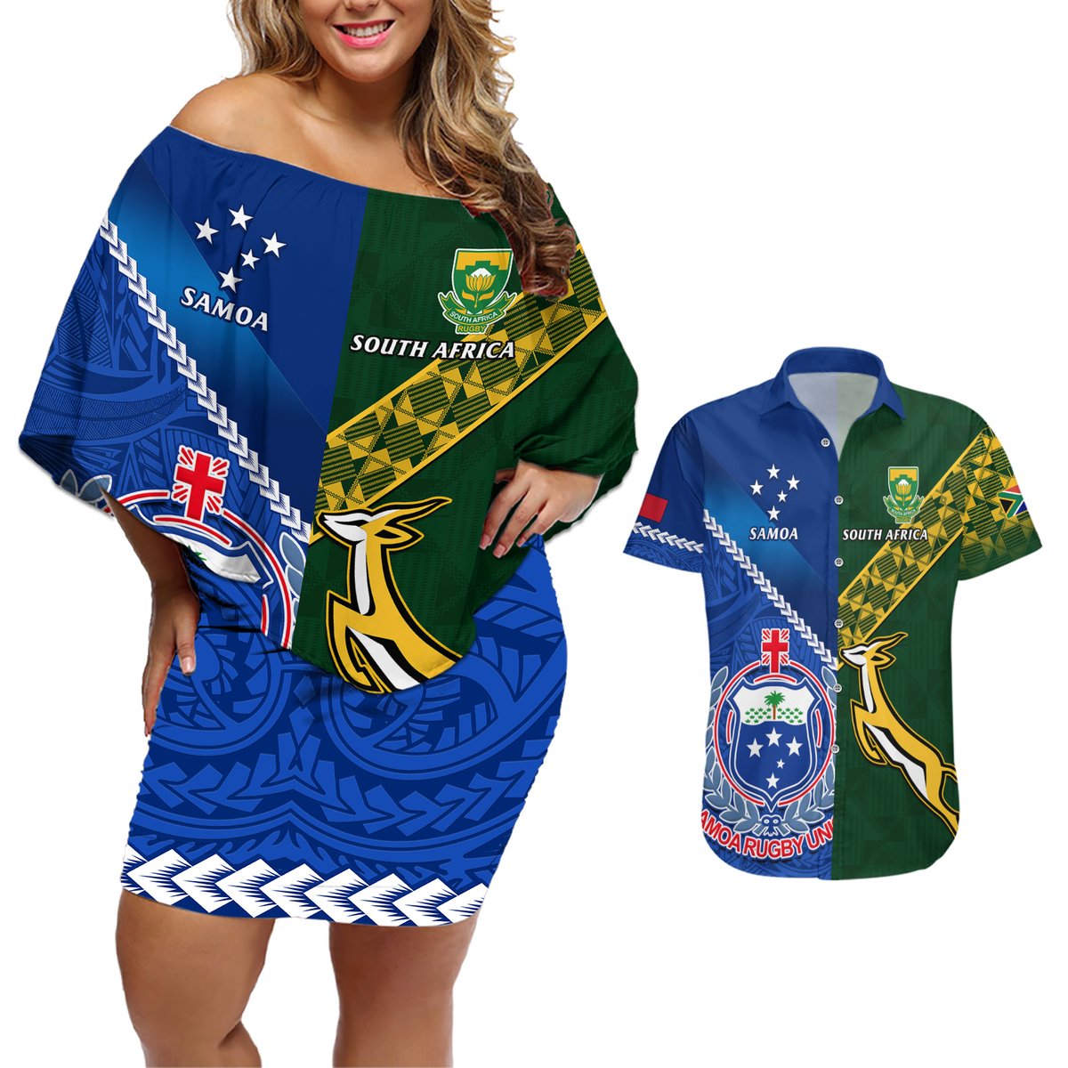 Custom Samoa And South Africa Rugby Couples Matching Off Shoulder Short Dress and Hawaiian Shirt 2023 World Cup Manu Samoa With Springboks LT14 Blue - Polynesian Pride