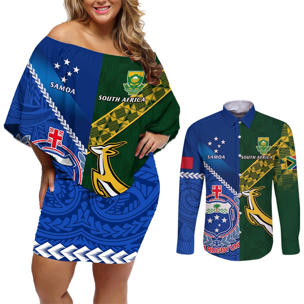 Custom Samoa And South Africa Rugby Couples Matching Off Shoulder Short Dress and Long Sleeve Button Shirts 2023 World Cup Manu Samoa With Springboks LT14 Blue - Polynesian Pride