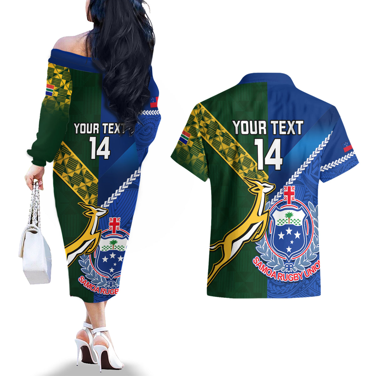 Custom Samoa And South Africa Rugby Couples Matching Off The Shoulder Long Sleeve Dress and Hawaiian Shirt 2023 World Cup Manu Samoa With Springboks LT14 - Polynesian Pride