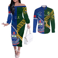 Custom Samoa And South Africa Rugby Couples Matching Off The Shoulder Long Sleeve Dress and Long Sleeve Button Shirts 2023 World Cup Manu Samoa With Springboks LT14 Blue - Polynesian Pride