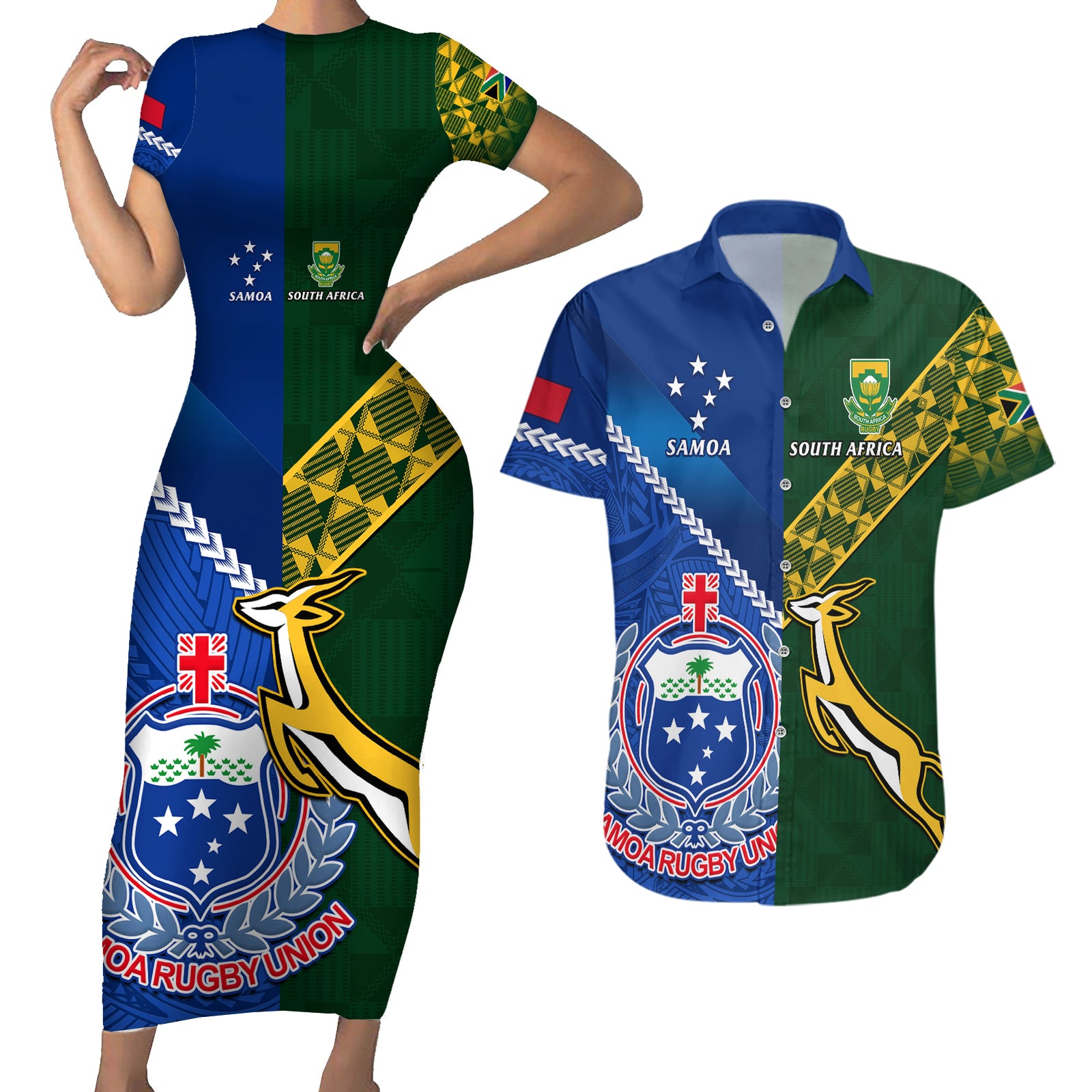 Custom Samoa And South Africa Rugby Couples Matching Short Sleeve Bodycon Dress and Hawaiian Shirt 2023 World Cup Manu Samoa With Springboks LT14 Blue - Polynesian Pride