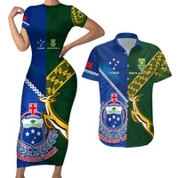 Custom Samoa And South Africa Rugby Couples Matching Short Sleeve Bodycon Dress and Hawaiian Shirt 2023 World Cup Manu Samoa With Springboks LT14 Blue - Polynesian Pride