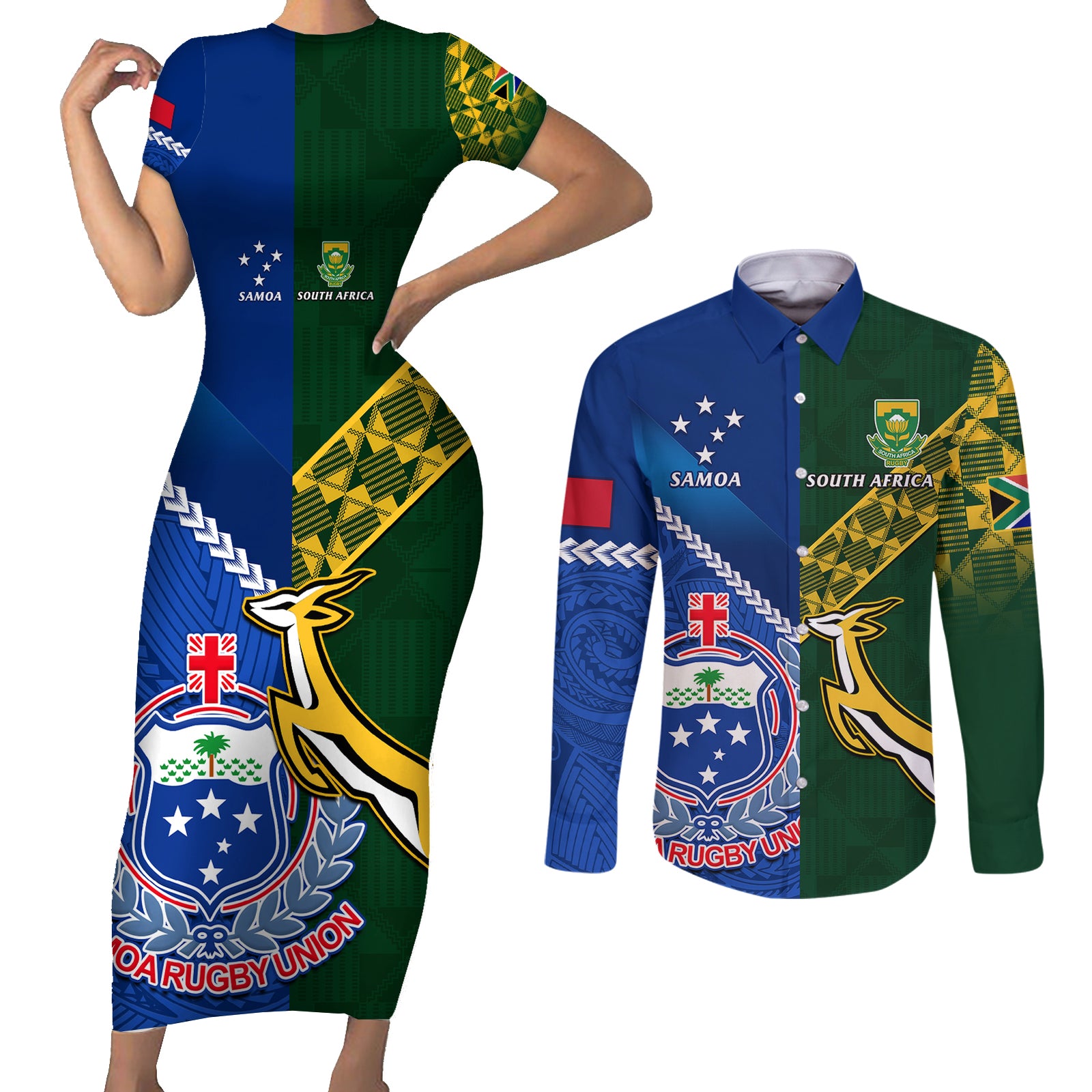 Custom Samoa And South Africa Rugby Couples Matching Short Sleeve Bodycon Dress and Long Sleeve Button Shirts 2023 World Cup Manu Samoa With Springboks LT14 Blue - Polynesian Pride