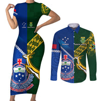 Custom Samoa And South Africa Rugby Couples Matching Short Sleeve Bodycon Dress and Long Sleeve Button Shirts 2023 World Cup Manu Samoa With Springboks LT14 Blue - Polynesian Pride