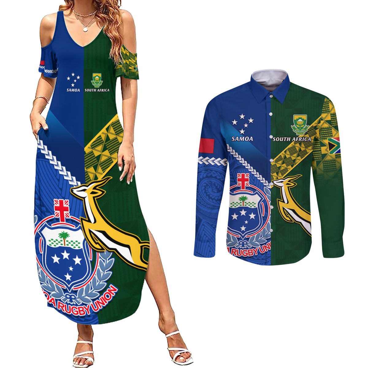Custom Samoa And South Africa Rugby Couples Matching Summer Maxi Dress and Long Sleeve Button Shirts 2023 World Cup Manu Samoa With Springboks LT14 Blue - Polynesian Pride