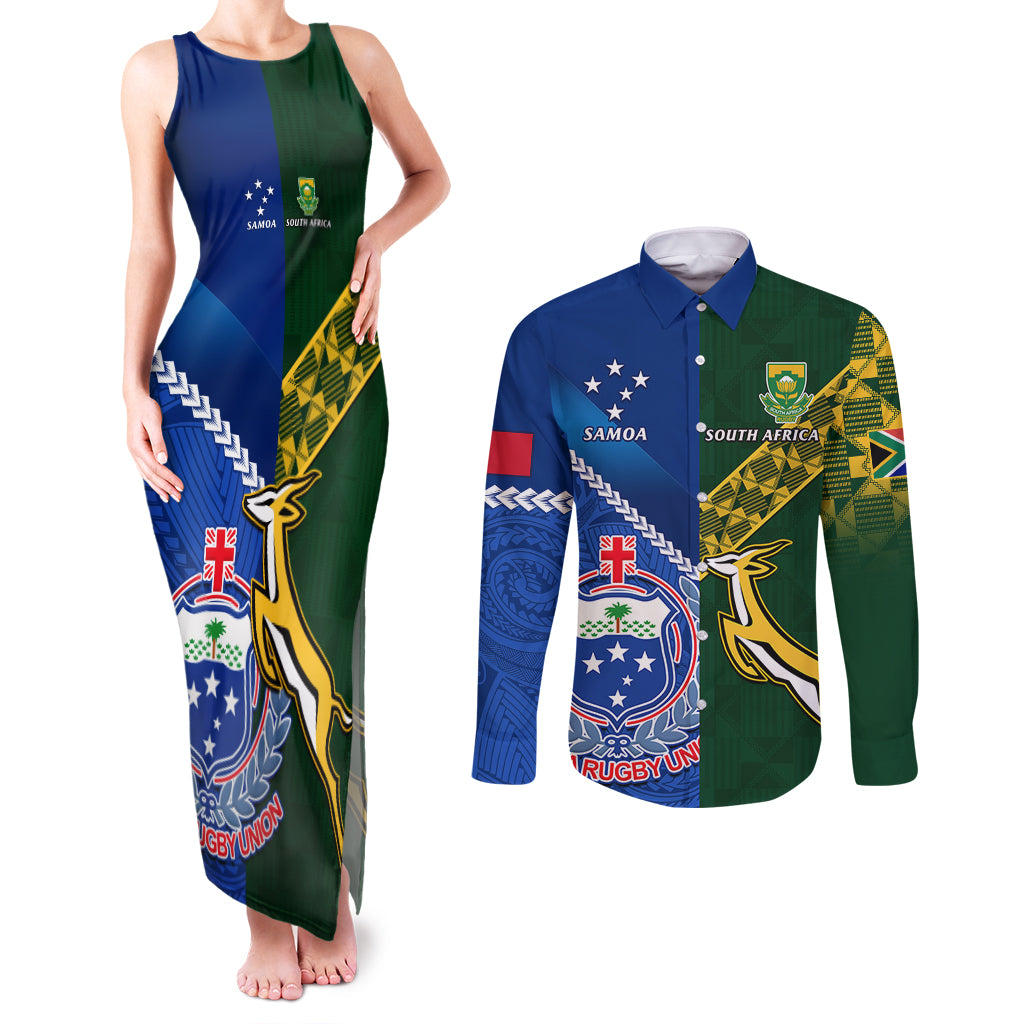 Custom Samoa And South Africa Rugby Couples Matching Tank Maxi Dress and Long Sleeve Button Shirts 2023 World Cup Manu Samoa With Springboks LT14 Blue - Polynesian Pride