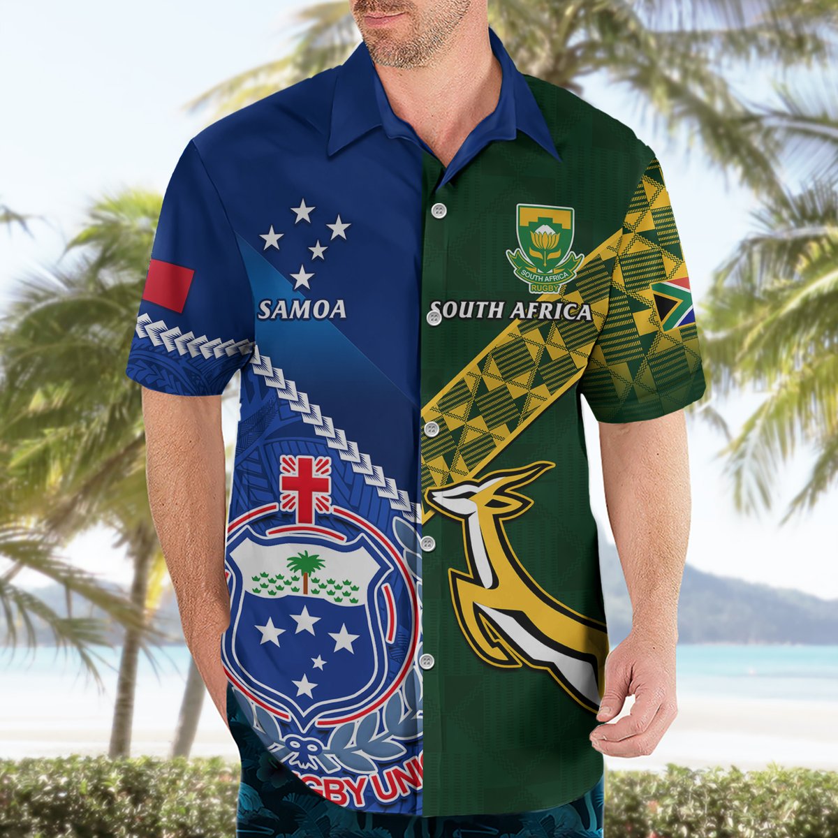 Custom Samoa And South Africa Rugby Hawaiian Shirt 2023 World Cup Manu Samoa With Springboks LT14 - Polynesian Pride