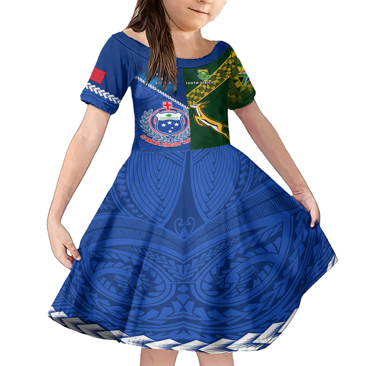 Custom Samoa And South Africa Rugby Kid Short Sleeve Dress 2023 World Cup Manu Samoa With Springboks LT14 KID Blue - Polynesian Pride
