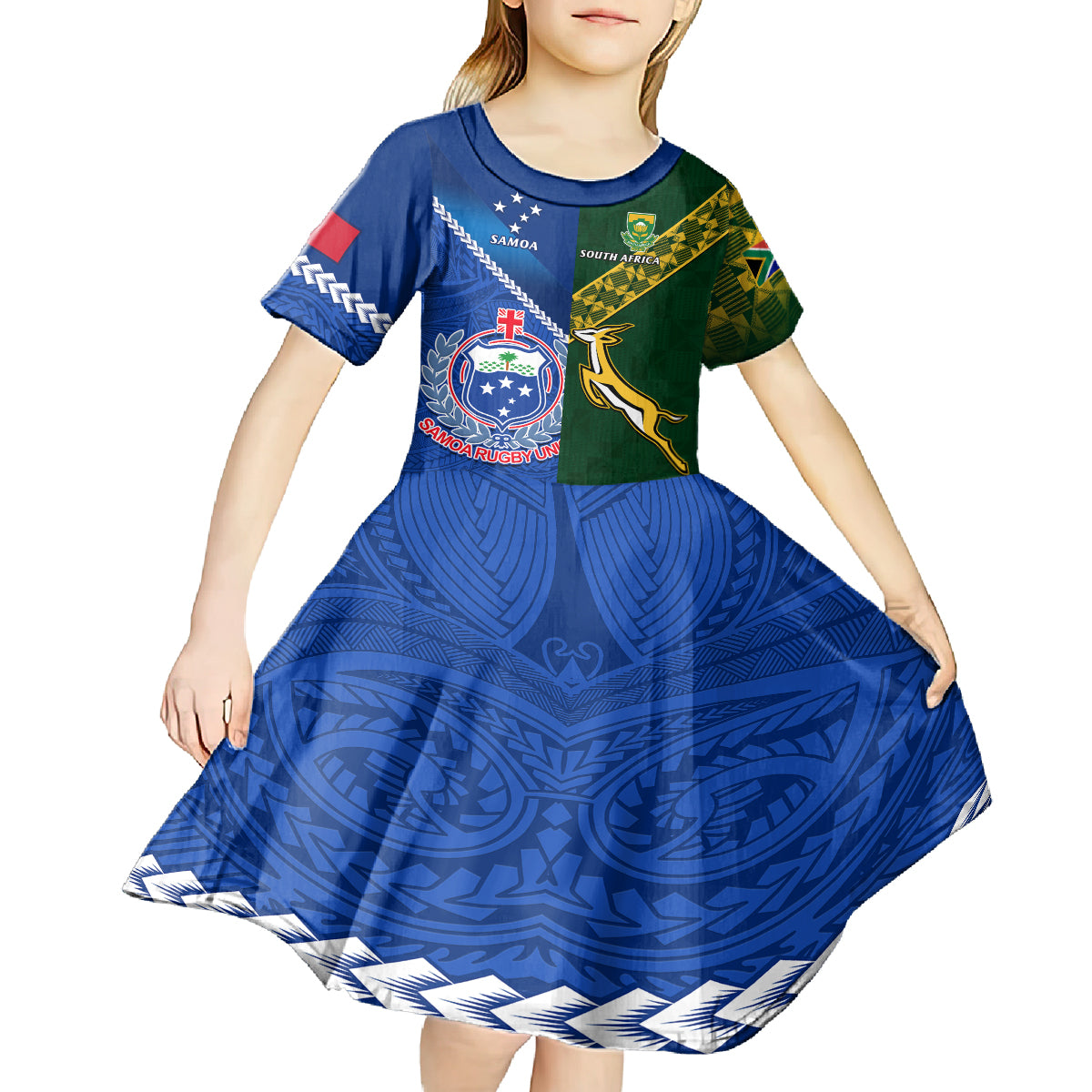 Custom Samoa And South Africa Rugby Kid Short Sleeve Dress 2023 World Cup Manu Samoa With Springboks LT14 - Polynesian Pride