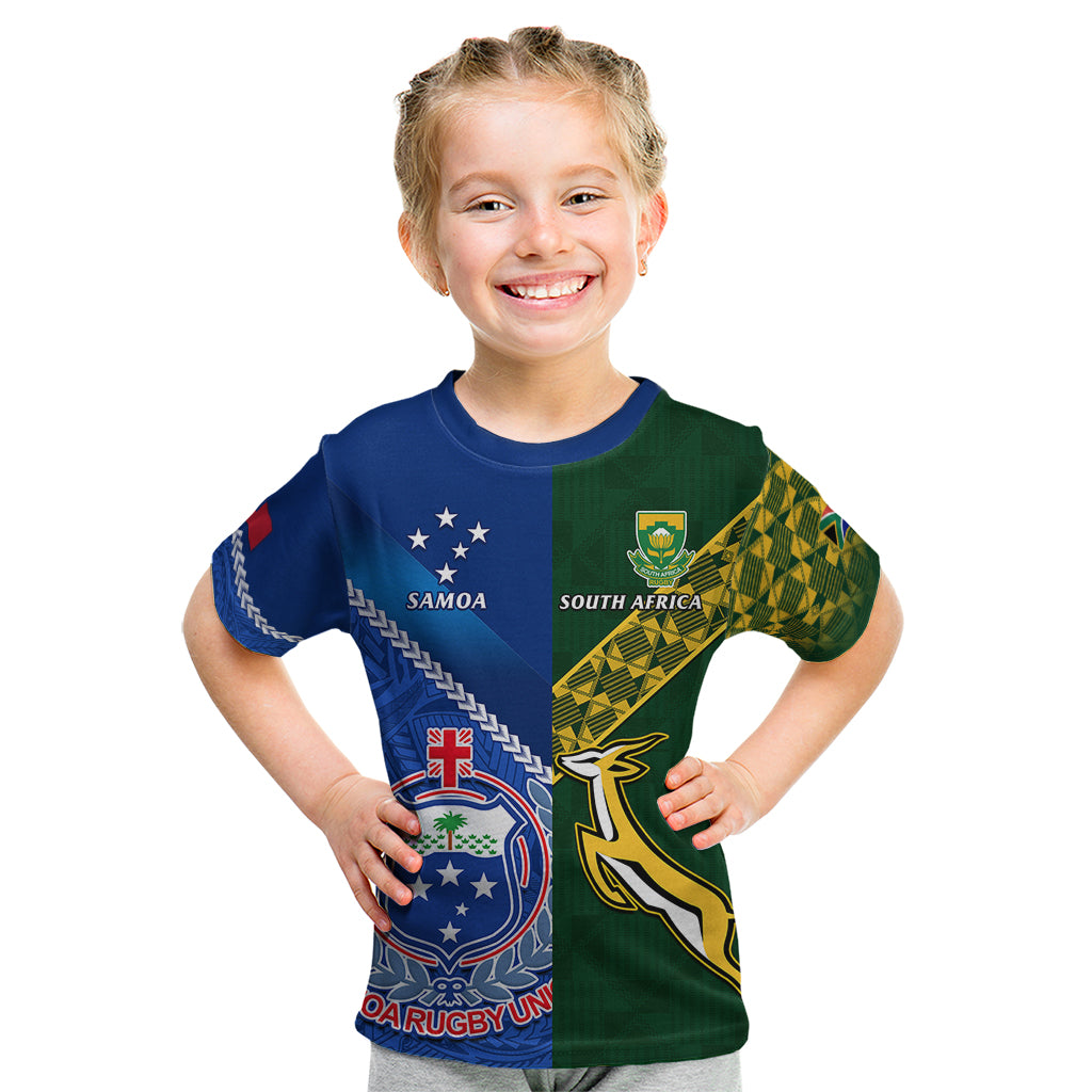 Custom Samoa And South Africa Rugby Kid T Shirt 2023 World Cup Manu Samoa With Springboks LT14 Blue - Polynesian Pride