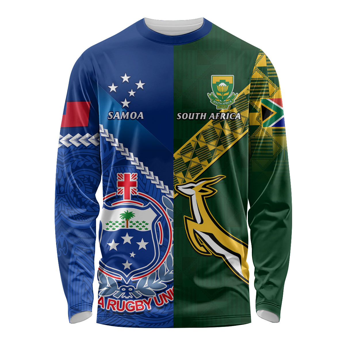 Custom Samoa And South Africa Rugby Long Sleeve Shirt 2023 World Cup Manu Samoa With Springboks LT14 Unisex Blue - Polynesian Pride