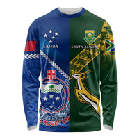 Custom Samoa And South Africa Rugby Long Sleeve Shirt 2023 World Cup Manu Samoa With Springboks LT14 Unisex Blue - Polynesian Pride
