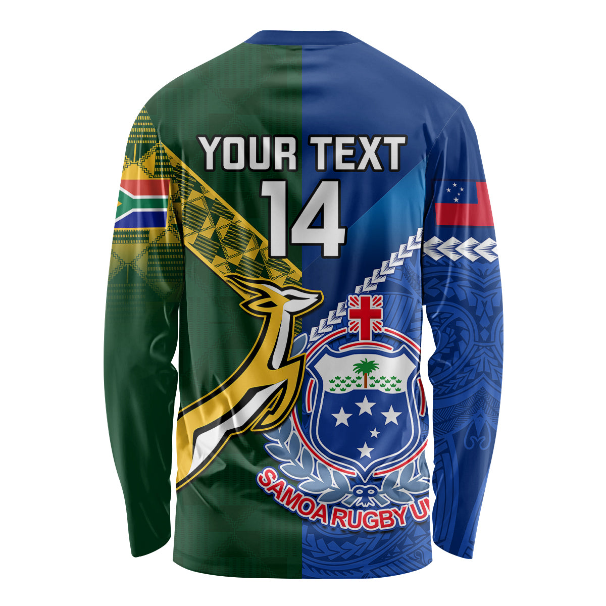 Custom Samoa And South Africa Rugby Long Sleeve Shirt 2023 World Cup Manu Samoa With Springboks LT14 - Polynesian Pride
