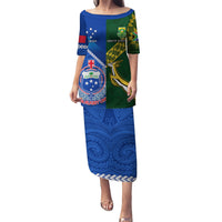 Custom Samoa And South Africa Rugby Puletasi 2023 World Cup Manu Samoa With Springboks LT14 Long Dress Blue - Polynesian Pride