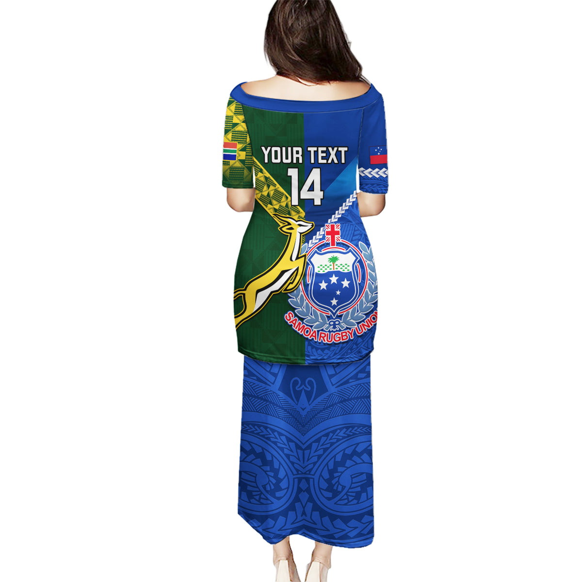 Custom Samoa And South Africa Rugby Puletasi 2023 World Cup Manu Samoa With Springboks LT14 - Polynesian Pride