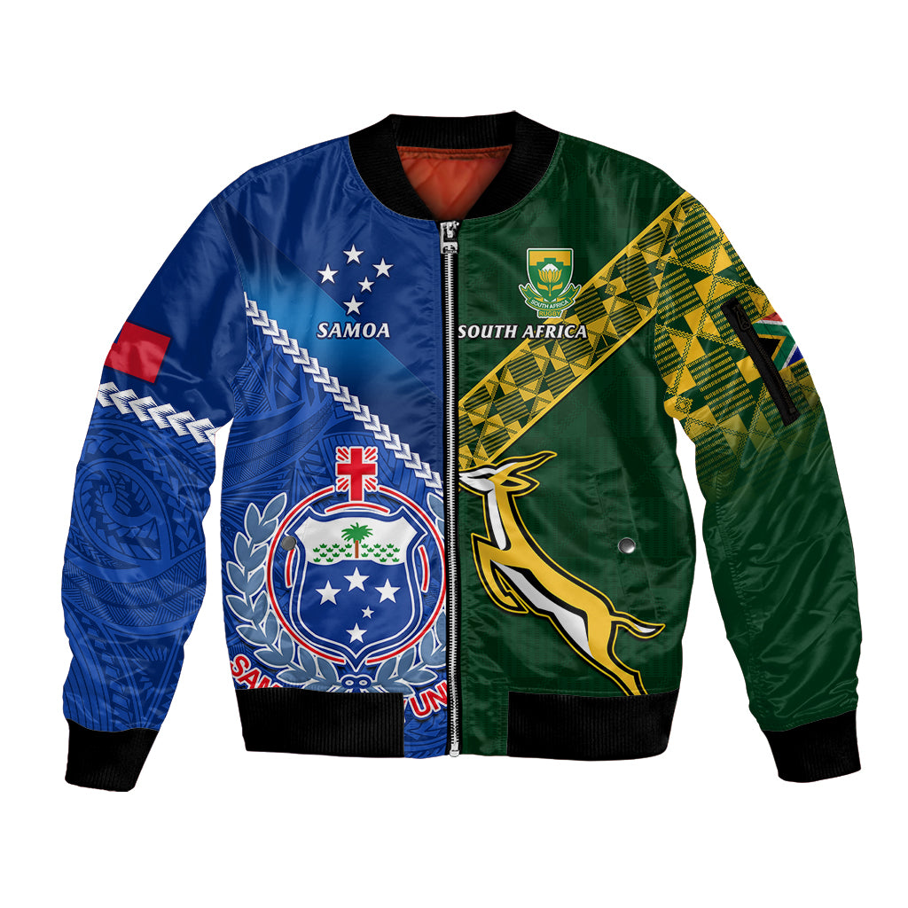 Custom Samoa and South Africa Rugby Sleeve Zip Bomber Jacket - 2023 World Cup Manu Samoa With Springboks LT14 Unisex Blue - Polynesian Pride