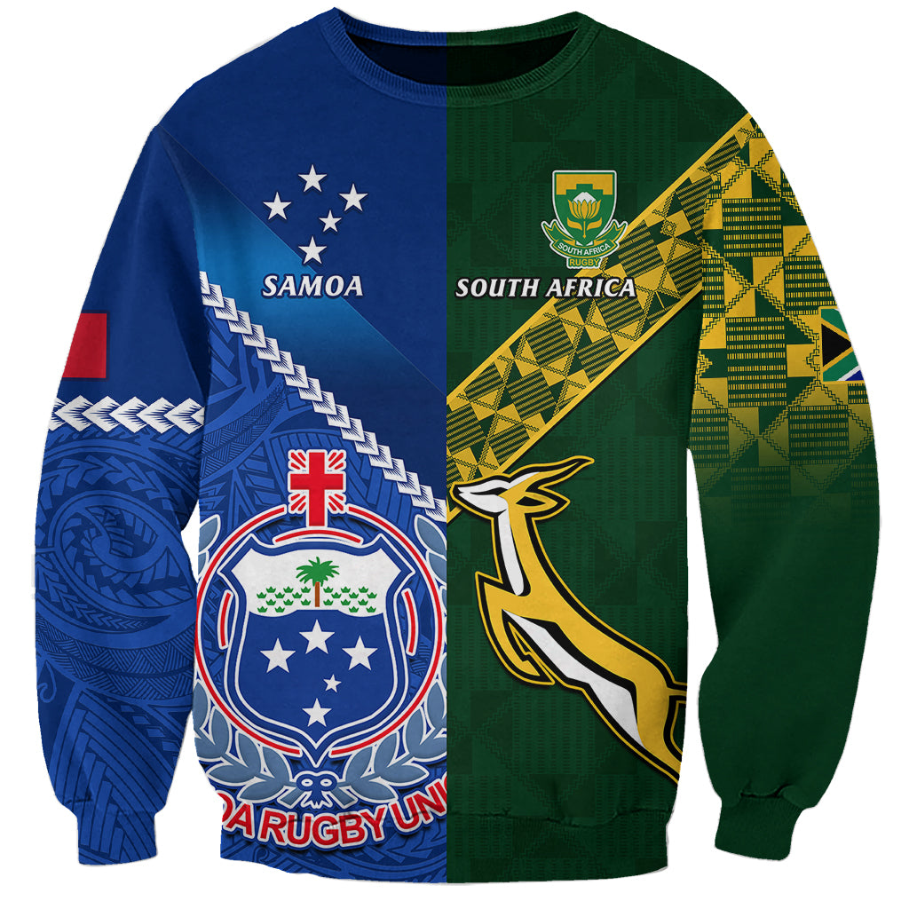 Custom Samoa And South Africa Rugby Sweatshirt 2023 World Cup Manu Samoa With Springboks LT14 Unisex Blue - Polynesian Pride