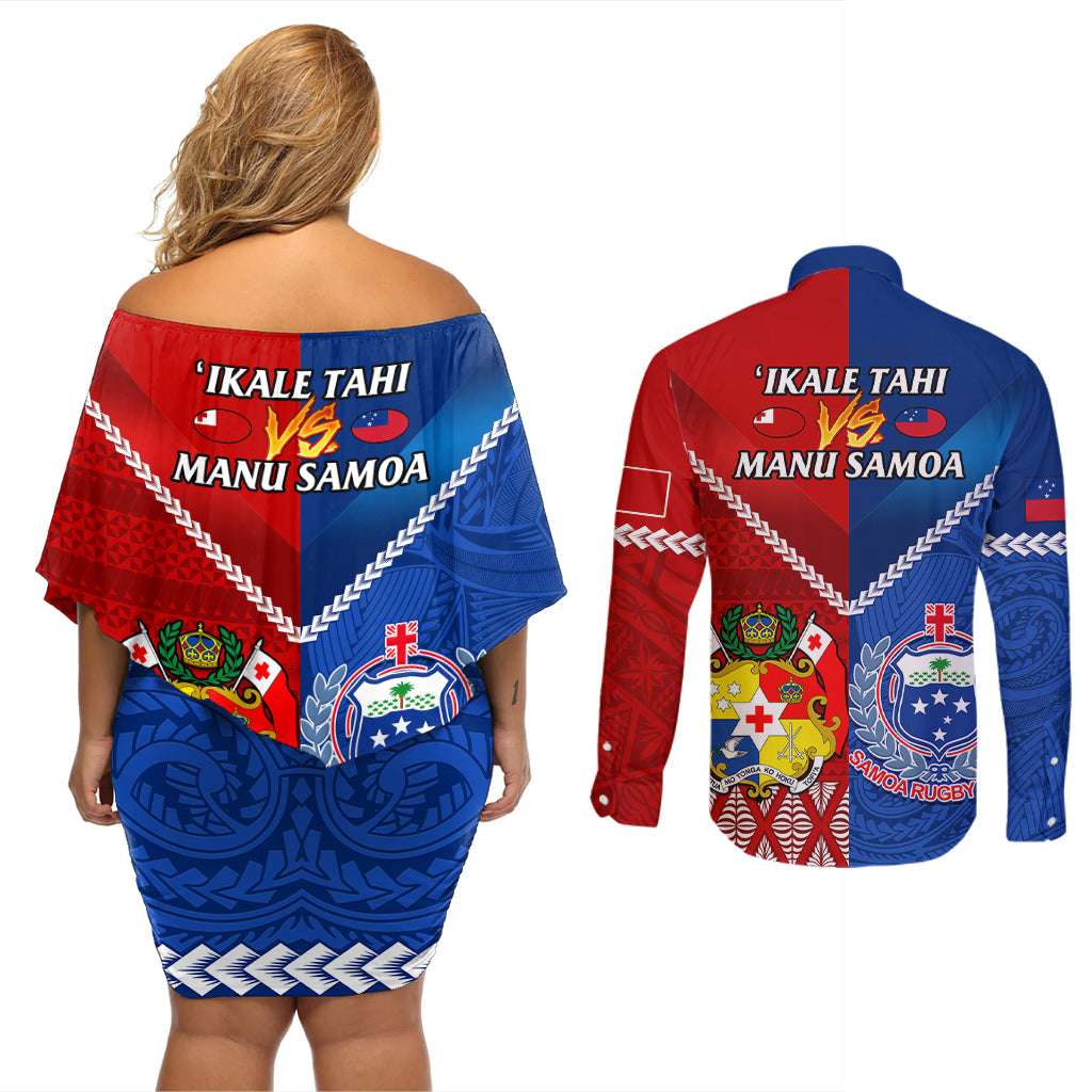 samoa-and-tonga-rugby-couples-matching-off-shoulder-short-dress-and-long-sleeve-button-shirts-2023-world-cup-manu-samoa-with-ikale-tahi