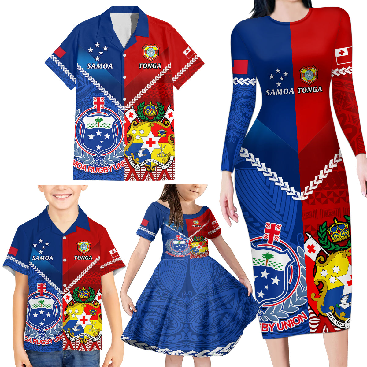 Samoa And Tonga Rugby Family Matching Long Sleeve Bodycon Dress and Hawaiian Shirt 2023 World Cup Manu Samoa With Ikale Tahi LT14 - Polynesian Pride