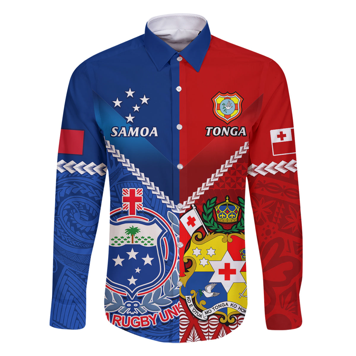 Samoa And Tonga Rugby Family Matching Off Shoulder Short Dress and Hawaiian Shirt 2023 World Cup Manu Samoa With Ikale Tahi LT14 Dad's Shirt - Long Sleeve Blue - Polynesian Pride