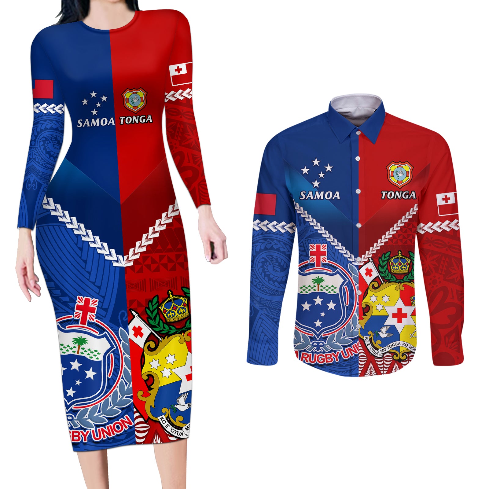 Custom Samoa And Tonga Rugby Couples Matching Long Sleeve Bodycon Dress and Long Sleeve Button Shirts 2023 World Cup Manu Samoa With Ikale Tahi LT14 Blue - Polynesian Pride