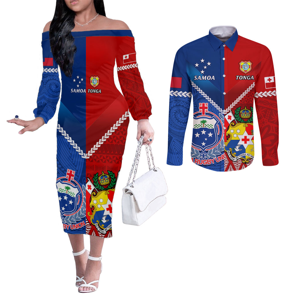Custom Samoa And Tonga Rugby Couples Matching Off The Shoulder Long Sleeve Dress and Long Sleeve Button Shirts 2023 World Cup Manu Samoa With Ikale Tahi LT14 Blue - Polynesian Pride