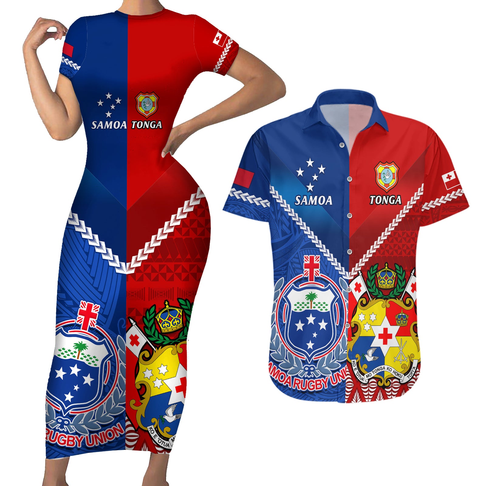 Custom Samoa And Tonga Rugby Couples Matching Short Sleeve Bodycon Dress and Hawaiian Shirt 2023 World Cup Manu Samoa With Ikale Tahi LT14 Blue - Polynesian Pride