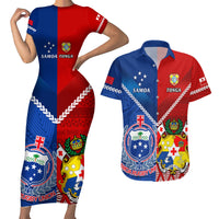 Custom Samoa And Tonga Rugby Couples Matching Short Sleeve Bodycon Dress and Hawaiian Shirt 2023 World Cup Manu Samoa With Ikale Tahi LT14 Blue - Polynesian Pride