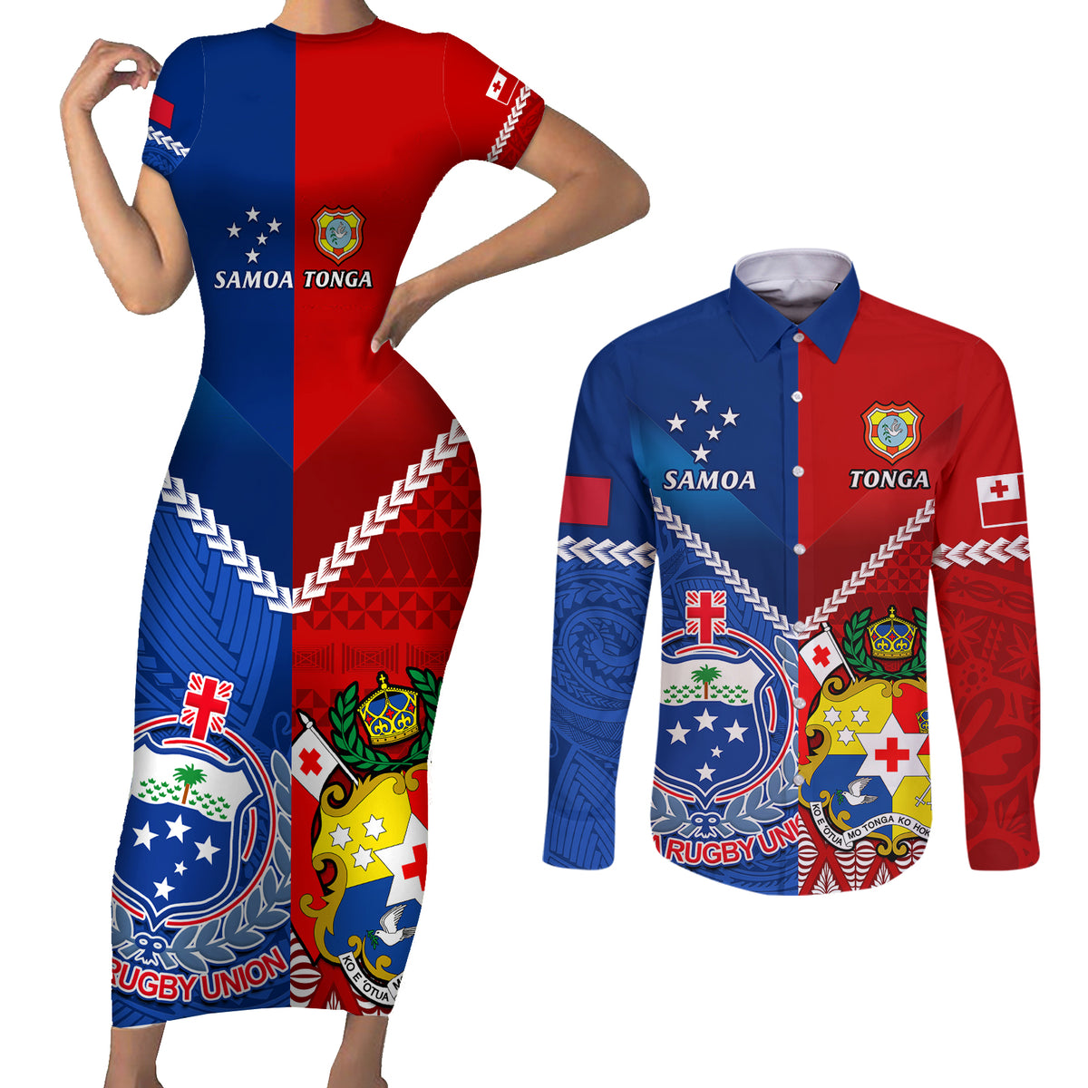 Custom Samoa And Tonga Rugby Couples Matching Short Sleeve Bodycon Dress and Long Sleeve Button Shirts 2023 World Cup Manu Samoa With Ikale Tahi LT14 Blue - Polynesian Pride