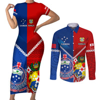 Custom Samoa And Tonga Rugby Couples Matching Short Sleeve Bodycon Dress and Long Sleeve Button Shirts 2023 World Cup Manu Samoa With Ikale Tahi LT14 Blue - Polynesian Pride